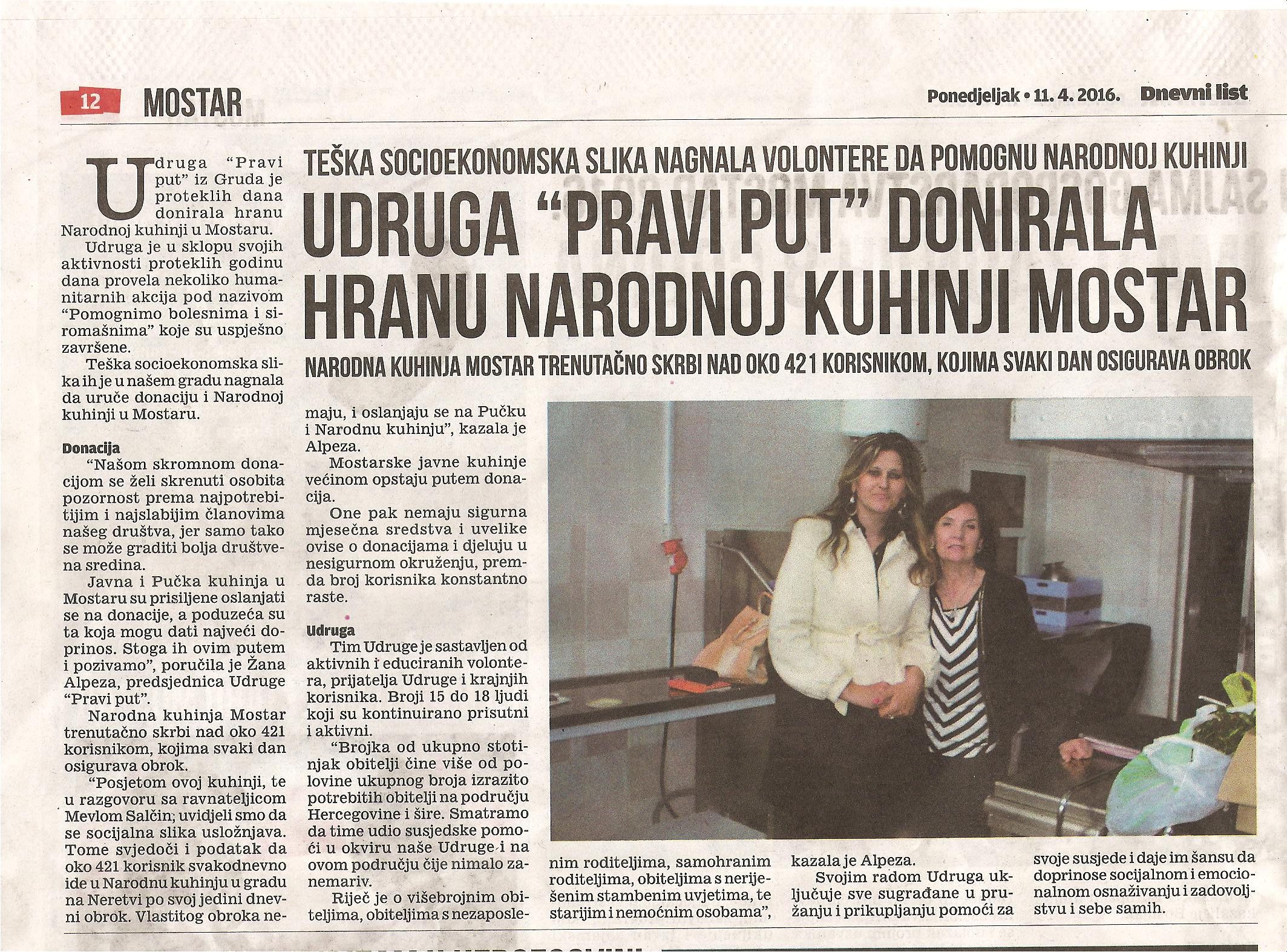 Pučka kuhinja, Dnevni List, 11.04.2016. Iz privatne arhive Žane Alpeze